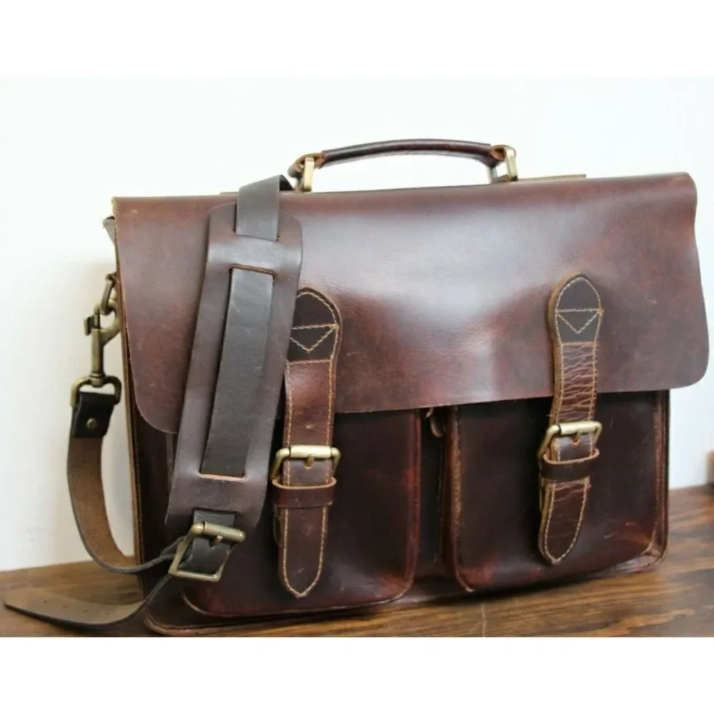 NATURAL WAX BROWN HEAVY GENUINE LEATHER BUSINESS SHOULDER BAG ATTACHE BRIEFCASE - Picture 4 of 11
